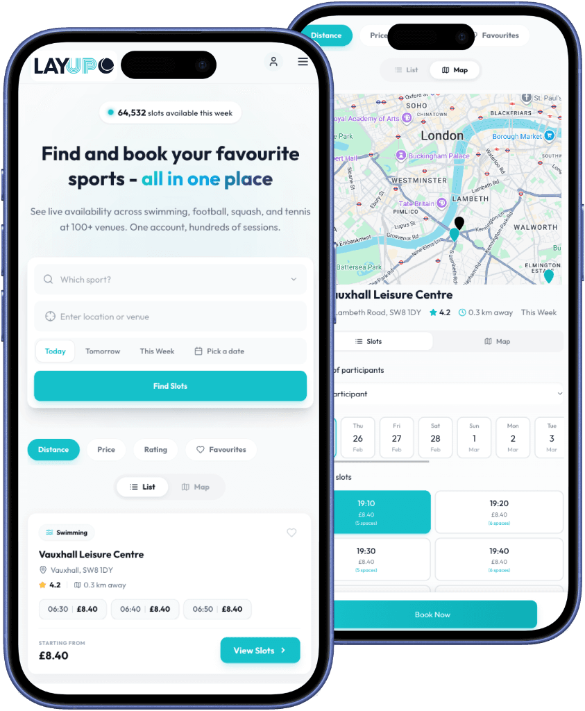 LayUp app showing search and venue details